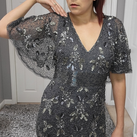Adrianna Papell Women's Beaded cape Gray Maxi Dress / Size 6. NWOT. - Picture 5 of 15